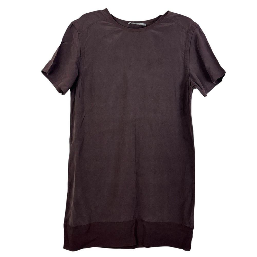 Alexander Wang Silk Shift Dress Brown Short Sleeve Mini Designer Minimalist Sz M - Picture 3 of 11